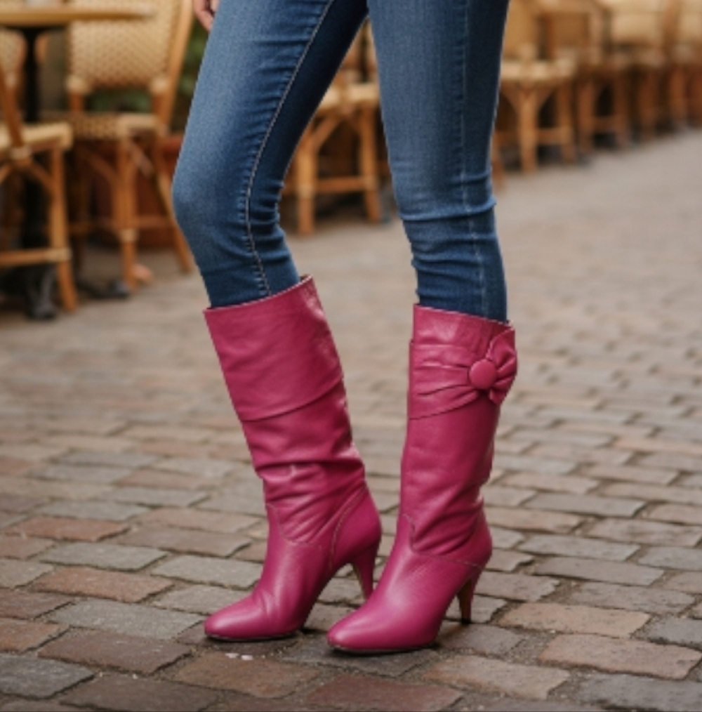 Vintage 80s Pink Leather Slouchy Boots Made In Canada Bow Detail Sz 6
